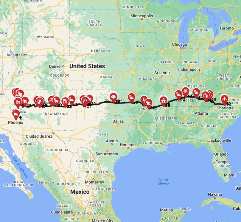 Motorhome trip plan a route from Phoenix to Charlotte